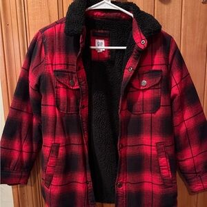GAP Kids Red and Black Plaid Jean Jacket